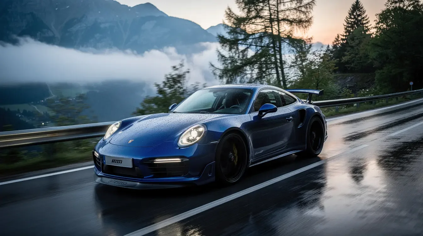 Porsche bleue sur une route de montagne, visuel du site ClubSport.